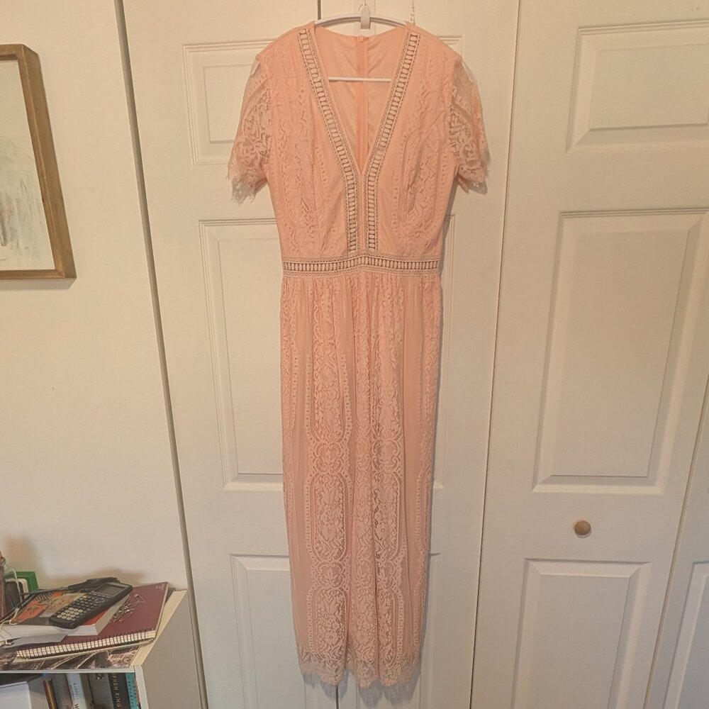 Romantic Peach Pink Midi Dress with Eyelash Lace